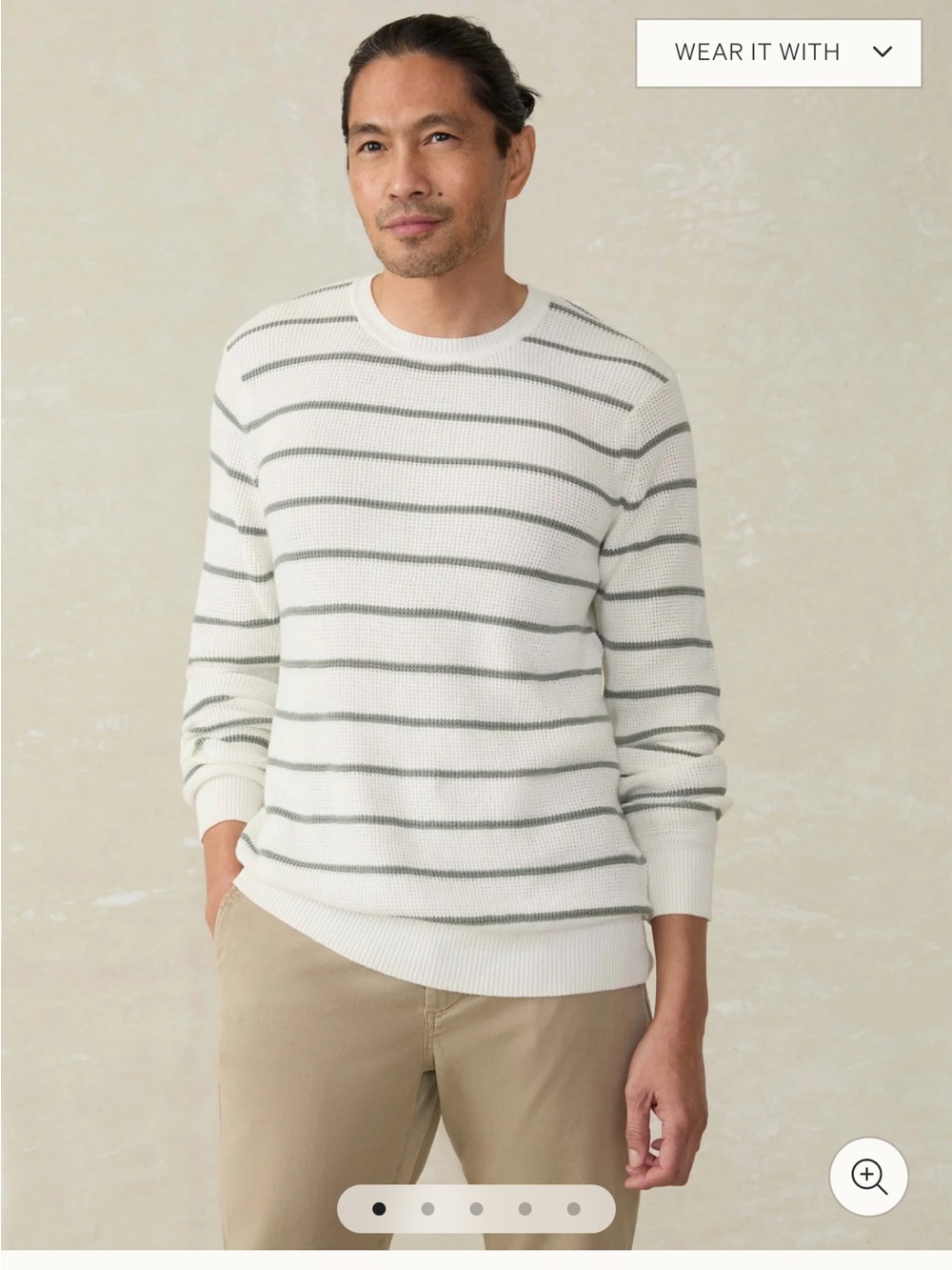 Faherty Cream Crewneck Sweater with Gray Stripes